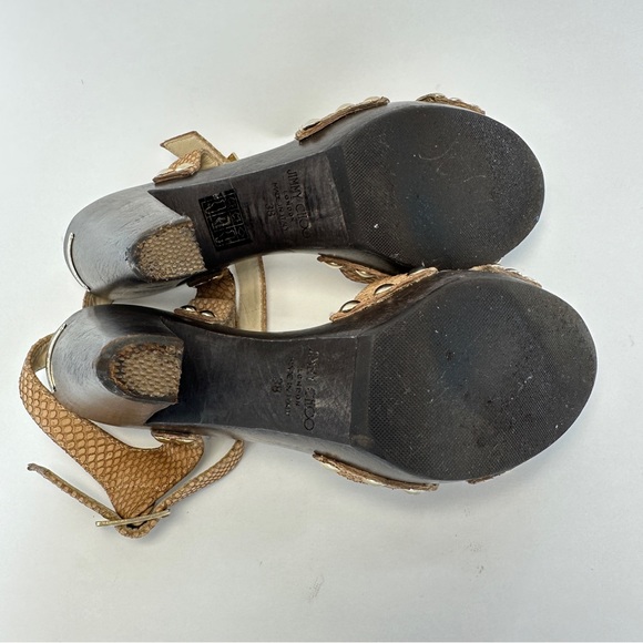 JIMMY CHOO Leather Snake Embossed Tan and Brown Wood High Heels. Size 38 US 8 - Picture 11 of 15